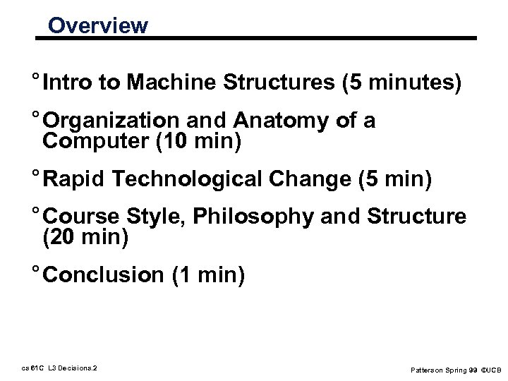 Overview ° Intro to Machine Structures (5 minutes) ° Organization and Anatomy of a