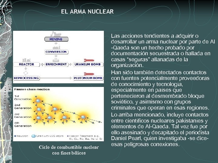 EL ARMA NUCLEAR Ciclo de combustible nuclear con fines bélicos Las acciones tendientes a