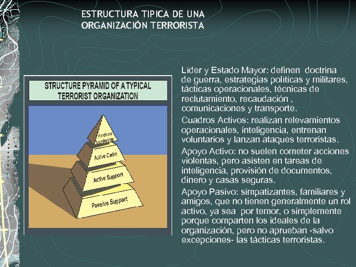 ESTRUCTURA TIPICA DE UNA ORGANIZACIÓN TERRORISTA Líder y Estado Mayor: definen doctrina de guerra,