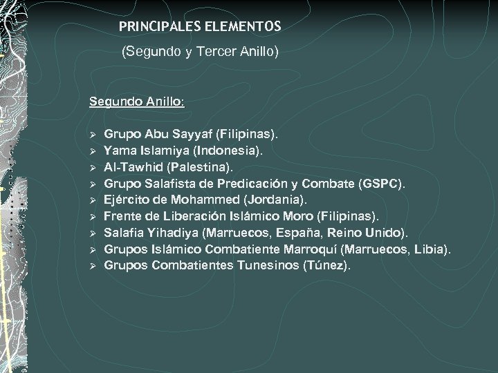PRINCIPALES ELEMENTOS (Segundo y Tercer Anillo) Segundo Anillo: Ø Grupo Abu Sayyaf (Filipinas). Ø