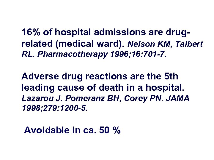 16% of hospital admissions are drugrelated (medical ward). Nelson KM, Talbert RL. Pharmacotherapy 1996;