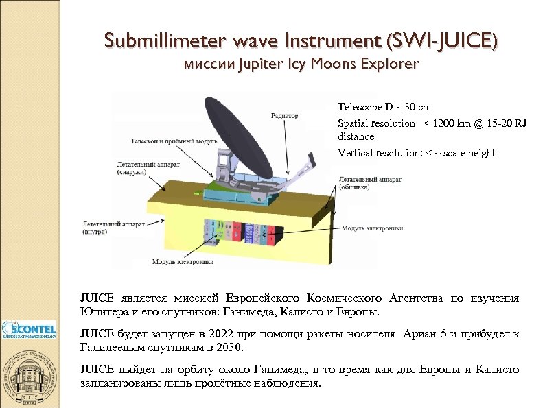 Submillimeter wave Instrument (SWI-JUICE) миссии Jupiter Icy Moons Explorer Telescope D ~ 30 cm