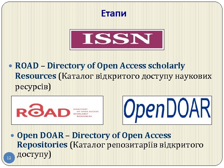 Етапи ROAD – Directory of Open Access scholarly Resources (Каталог відкритого доступу наукових ресурсів)