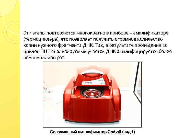 Эти этапы повторяются многократно в приборе – амплификаторе (термоциклере), что позволяет получить огромное количество
