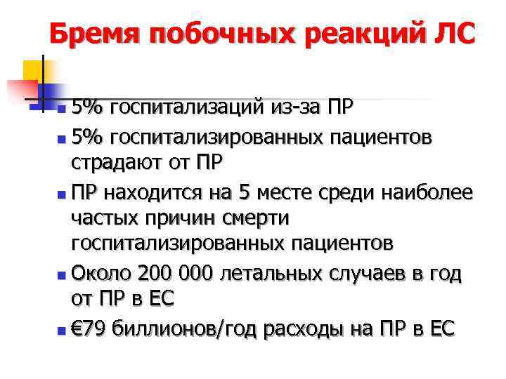 Бремя побочных реакций ЛС 5% госпитализаций из-за ПР n 5% госпитализированных пациентов страдают от