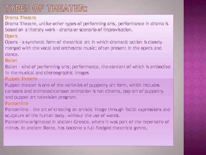 Drama Theatre, unlike other types of performing arts, performance in drama is based on