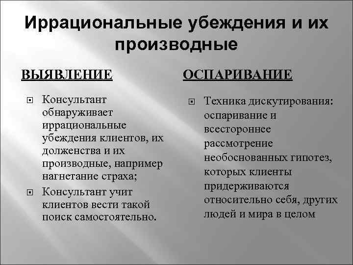 Иррациональные убеждения и их производные ВЫЯВЛЕНИЕ Консультант обнаруживает иррациональные убеждения клиентов, их долженства и