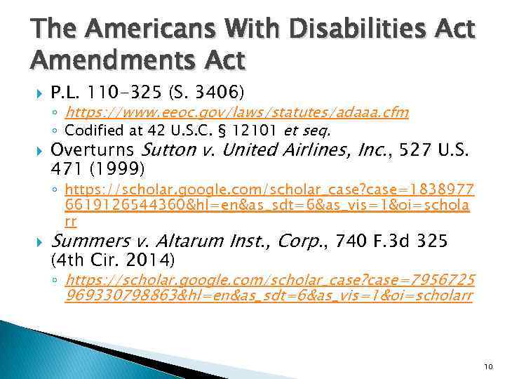 The Americans With Disabilities Act Amendments Act P. L. 110 -325 (S. 3406) ◦