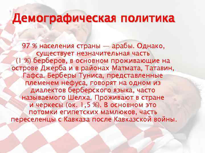 Демографическая политика 97 % населения страны — арабы. Однако, существует незначительная часть (1 %)