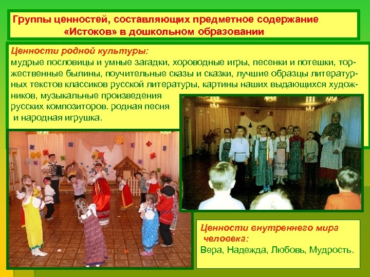 Группы ценностей, составляющих предметное содержание «Истоков» в дошкольном образовании Ценности родной культуры: мудрые пословицы