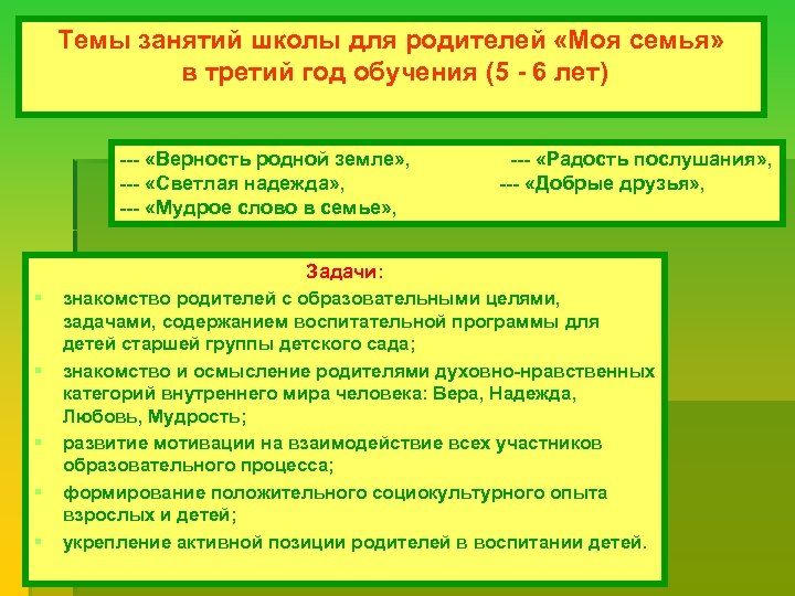 Темы занятий школы для родителей «Моя семья» в третий год обучения (5 - 6