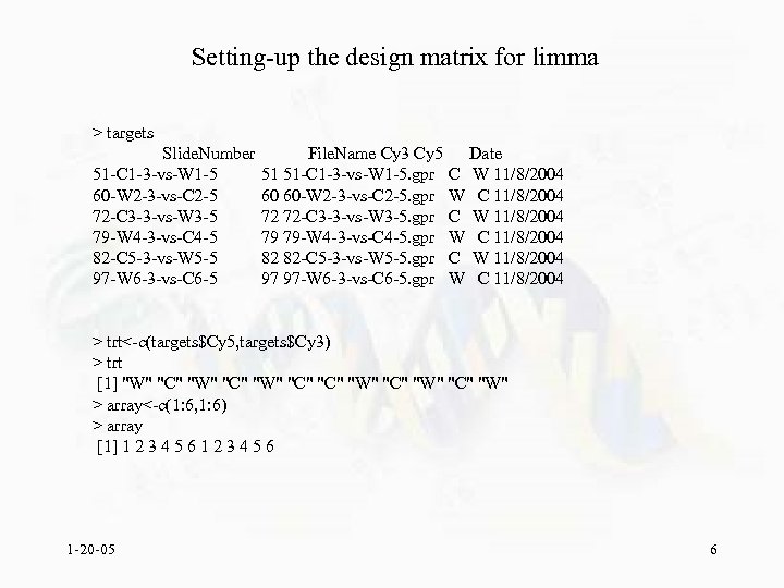 Setting-up the design matrix for limma > targets Slide. Number 51 -C 1 -3