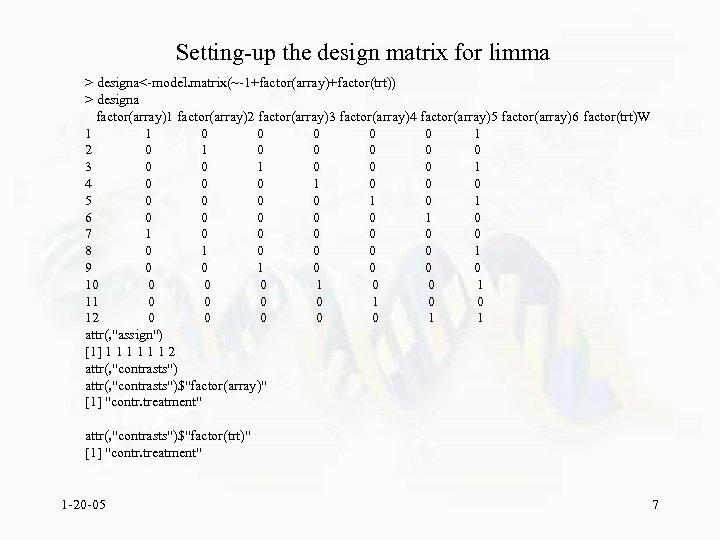 Setting-up the design matrix for limma > designa<-model. matrix(~-1+factor(array)+factor(trt)) > designa factor(array)1 factor(array)2 factor(array)3