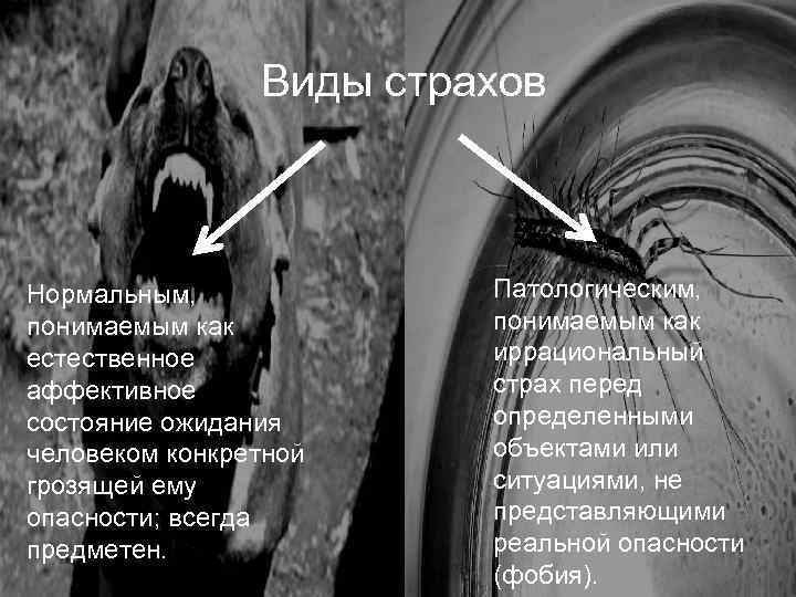 Виды страхов Нормальным, понимаемым как естественное аффективное состояние ожидания человеком конкретной грозящей ему опасности;