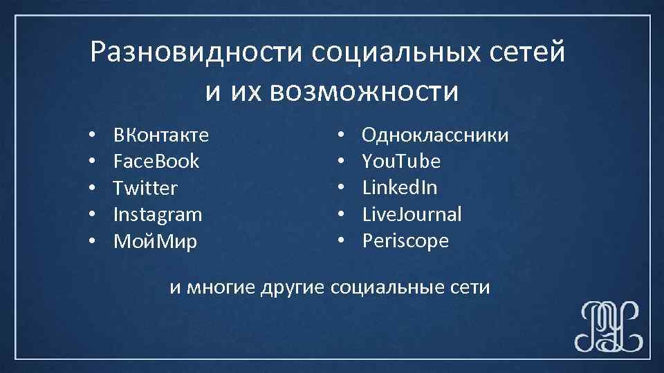 Разновидности социальных сетей и их возможности • • • ВКонтакте Face. Book Twitter Instagram