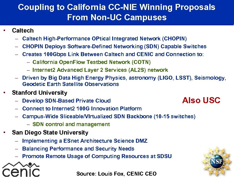 Coupling to California CC-NIE Winning Proposals From Non-UC Campuses • Caltech – Caltech High-Performance