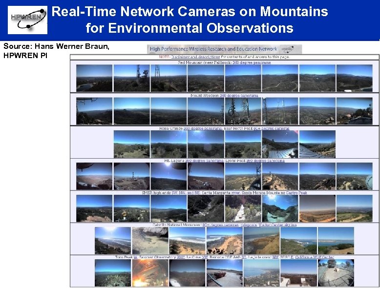 Real-Time Network Cameras on Mountains for Environmental Observations Source: Hans Werner Braun, HPWREN PI