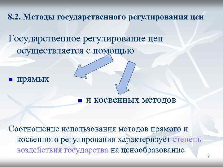 8. 2. Методы государственного регулирования цен Государственное регулирование цен осуществляется с помощью n прямых