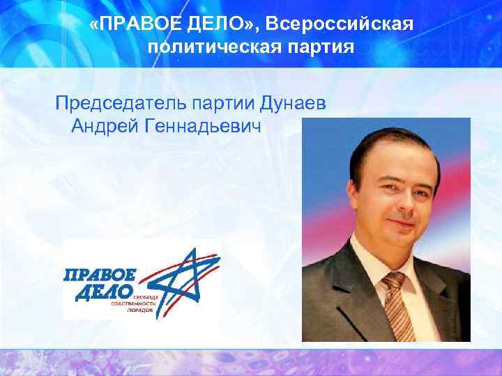  «ПРАВОЕ ДЕЛО» , Всероссийская политическая партия Председатель партии Дунаев Андрей Геннадьевич 