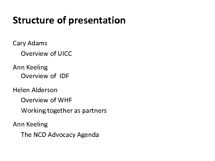 Structure of presentation Cary Adams Overview of UICC Ann Keeling Overview of IDF Helen