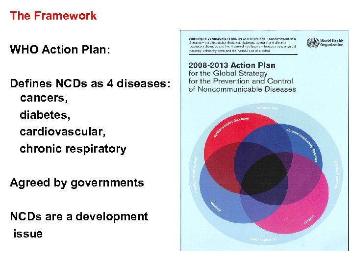 The Framework WHO Action Plan: Defines NCDs as 4 diseases: cancers, diabetes, cardiovascular, chronic