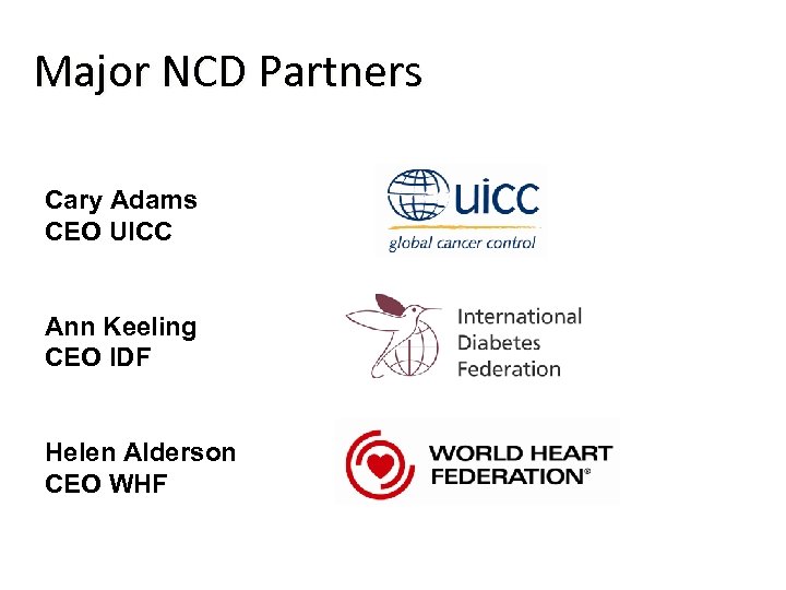 Major NCD Partners Cary Adams CEO UICC Ann Keeling CEO IDF Helen Alderson CEO