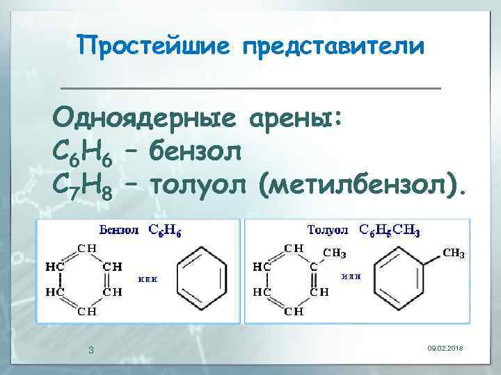 Простейшие представители Одноядерные арены: С 6 Н 6 – бензол С 7 Н 8
