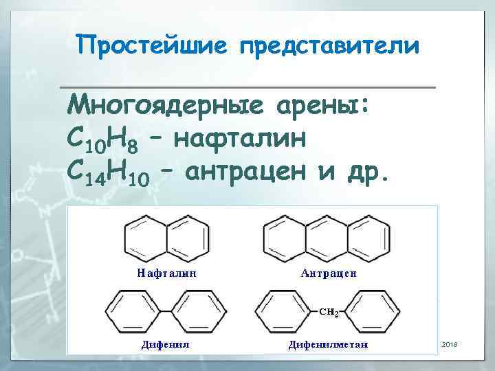 Простейшие представители Многоядерные арены: С 10 Н 8 – нафталин С 14 Н 10