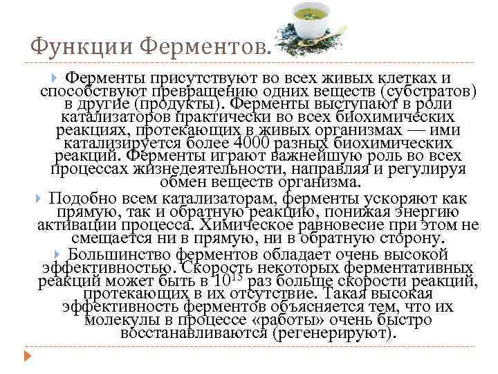 Функции Ферментов. Ферменты присутствуют во всех живых клетках и способствуют превращению одних веществ (субстратов)