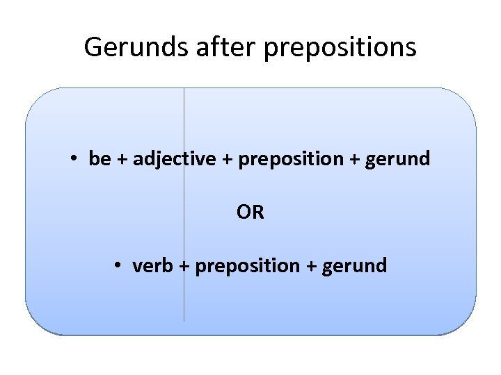 Gerunds after prepositions • be + adjective + preposition + gerund OR • verb