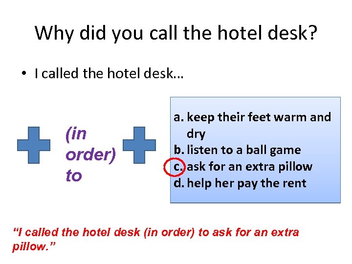 Why did you call the hotel desk? • I called the hotel desk… (in