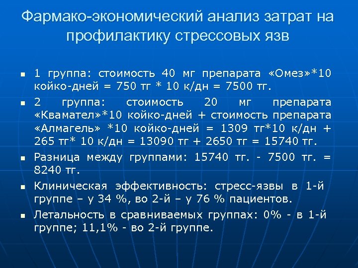 Фармако-экономический анализ затрат на профилактику стрессовых язв n n n 1 группа: стоимость 40