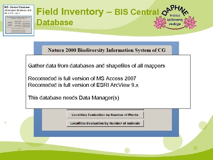 Field Inventory – BIS Central Database Gather data from databases and shapefiles of all