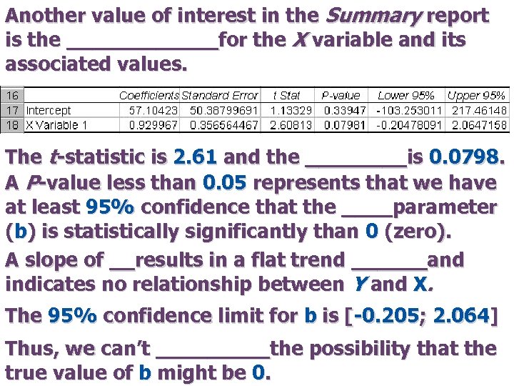 Another value of interest in the Summary report is the ______for the X variable