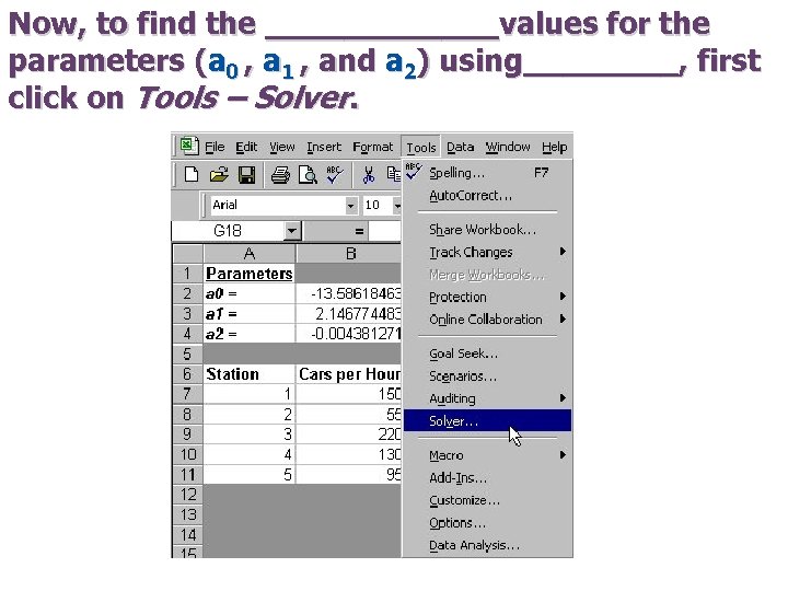 Now, to find the ______values for the parameters (a 0 , a 1 ,
