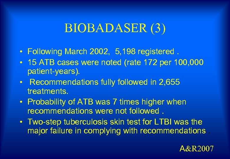 BIOBADASER (3) • Following March 2002, 5, 198 registered. • 15 ATB cases were