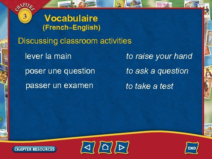 3 Vocabulaire (French–English) Discussing classroom activities lever la main to raise your hand poser