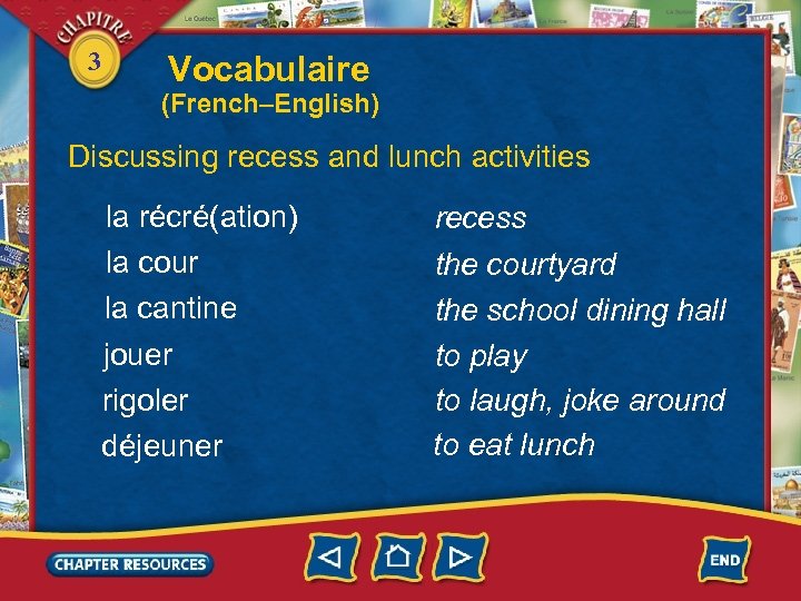 3 Vocabulaire (French–English) Discussing recess and lunch activities la récré(ation) la cour la cantine