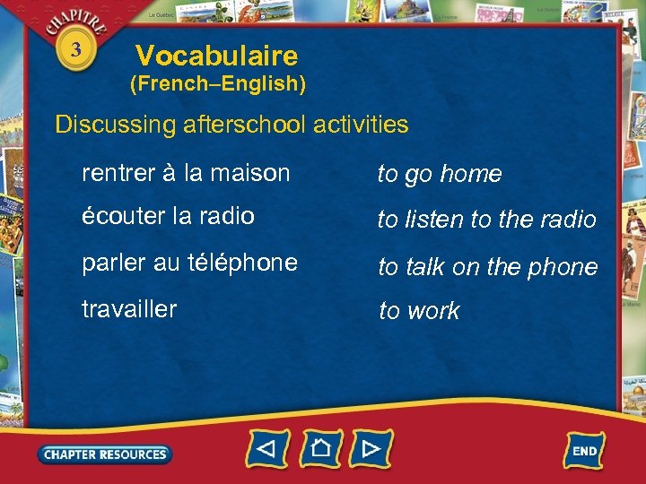 3 Vocabulaire (French–English) Discussing afterschool activities rentrer à la maison to go home écouter