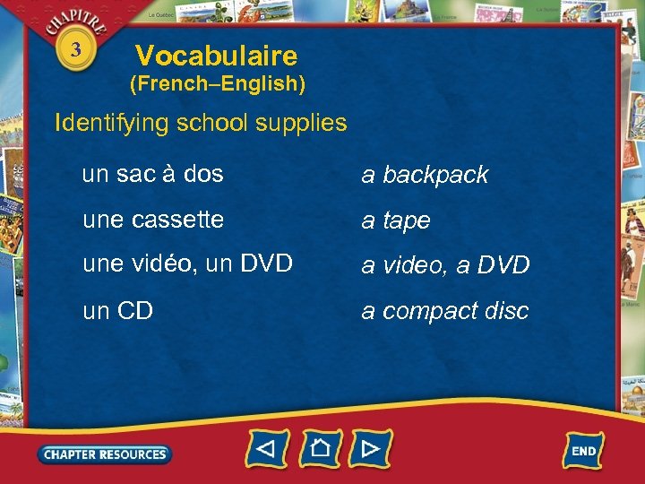 3 Vocabulaire (French–English) Identifying school supplies un sac à dos a backpack une cassette