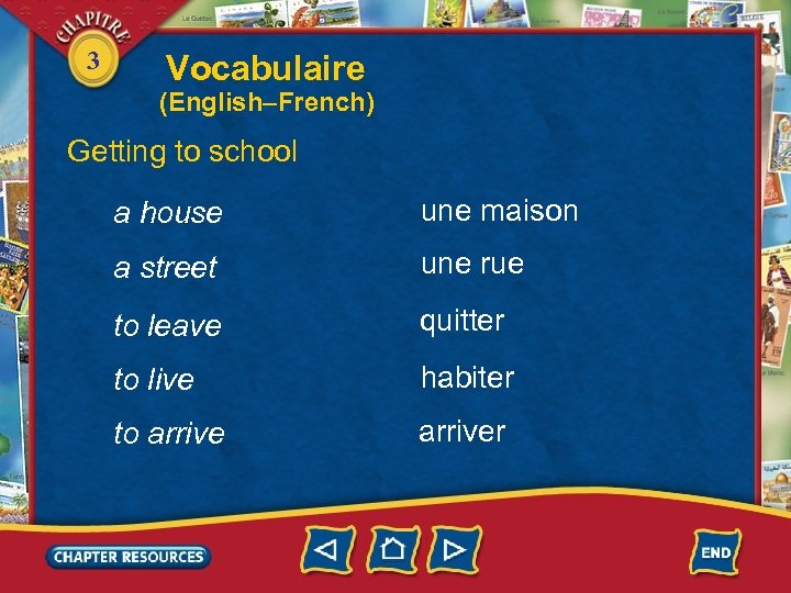 3 Vocabulaire (English–French) Getting to school a house une maison a street une rue