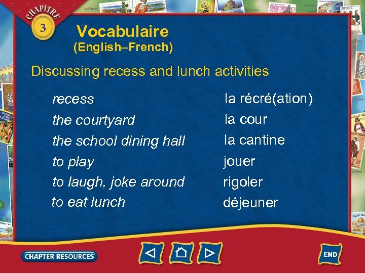 3 Vocabulaire (English–French) Discussing recess and lunch activities recess the courtyard the school dining