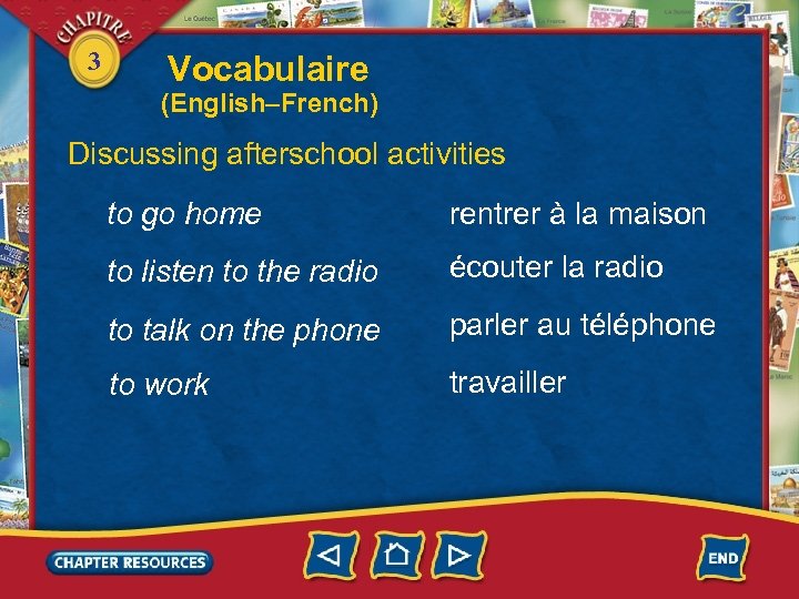 3 Vocabulaire (English–French) Discussing afterschool activities to go home rentrer à la maison to