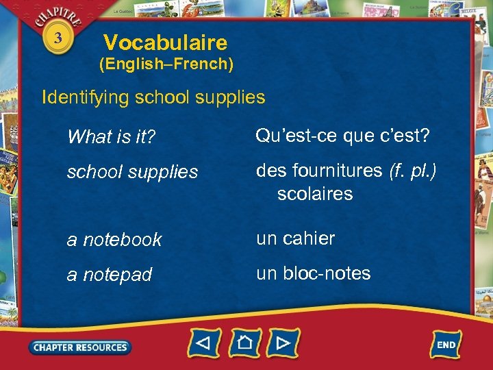 3 Vocabulaire (English–French) Identifying school supplies What is it? Qu’est-ce que c’est? school supplies