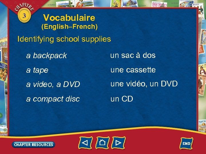 3 Vocabulaire (English–French) Identifying school supplies a backpack un sac à dos a tape