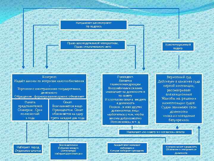 Направляет законопроект На подпись Право законодательной инициативы, Право отлагательного вето Конгресс. Издаёт законы по