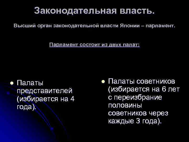 Законодательная власть. Высший орган законодательной власти Японии – парламент. Парламент состоит из двух палат: