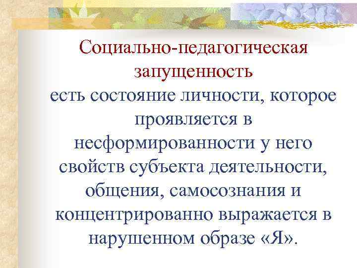 Социально-педагогическая запущенность есть состояние личности, которое проявляется в несформированности у него свойств субъекта деятельности,