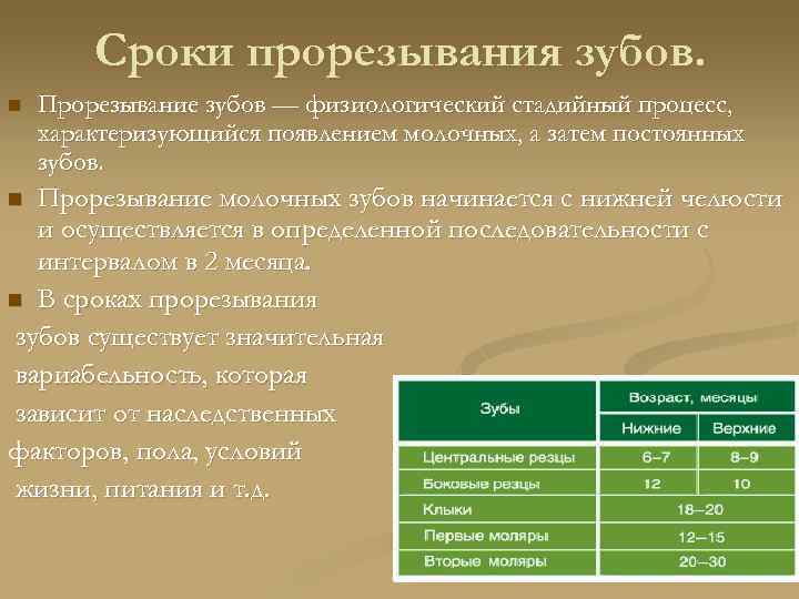 Сроки прорезывания зубов. n Прорезывание зубов — физиологический стадийный процесс, характеризующийся появлением молочных, а