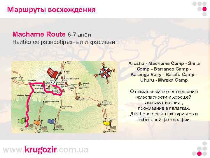 Маршруты восхождения Machame Route 6 -7 дней Наиболее разнообразный и красивый Arusha - Machame